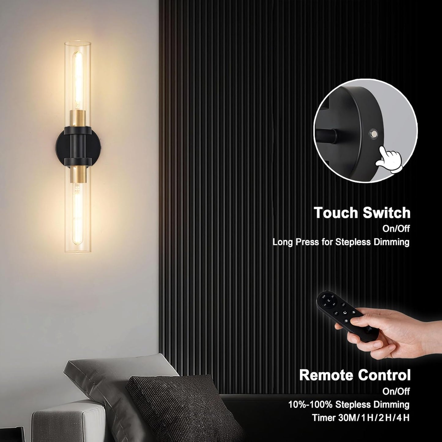 SANTOSTOCK Gold Battery Operated Wall Sconce Set of 2, 12000mAh Rechargeable Wall Lights with Remote Control, Wireless Dimmable Wall Lamps for Bedroom Living Room Bathroom Hallway Stairwell