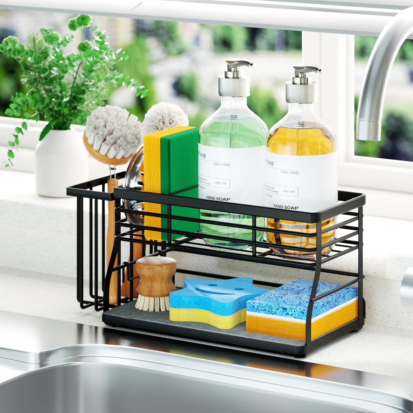 SWTYMIKI Sponge Holder for Kitchen Sink - Sink Caddy with Brush Holder and Stainless Steel Self Drain Tray, Sponge Caddy Organizer with Divider Kitchen Accessories Storage for Countertop, Black