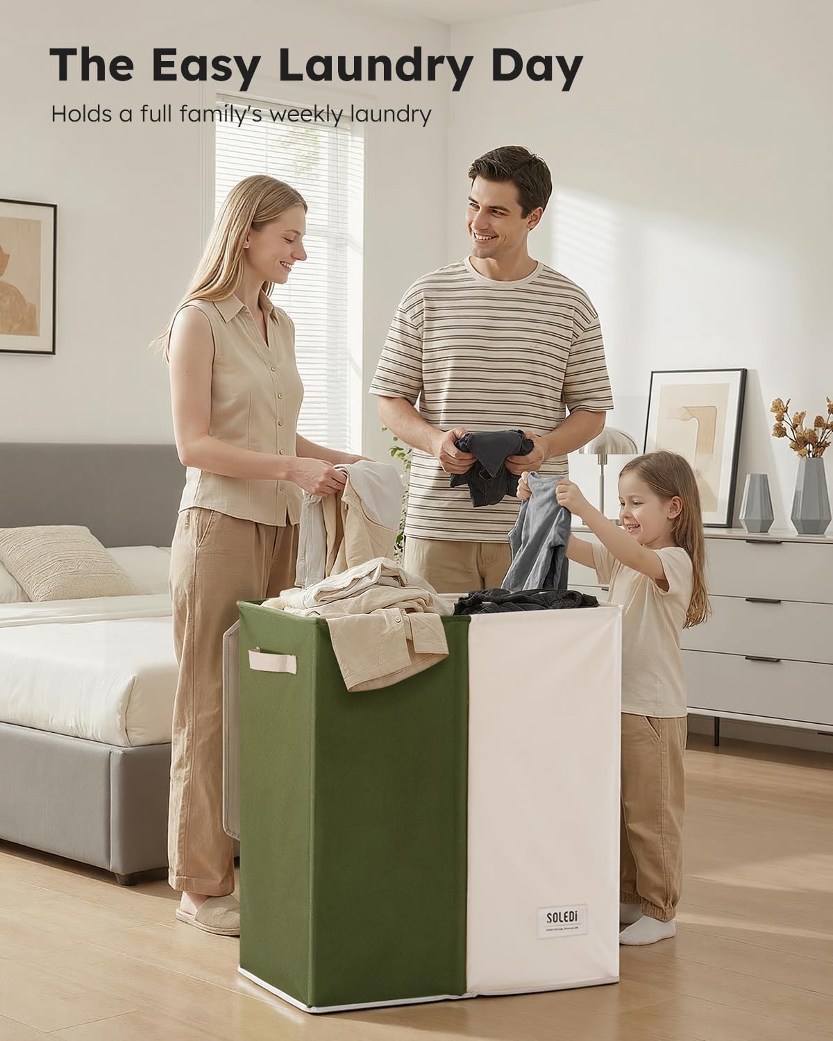 SOLEDI Luxury Double Laundry Hamper with Lid and Removable Bags, 38.3 Gal Large Laundry Bin, Laundry Basket 2 Sections, Collapsible Clothes Hamper for Bedroom, Laundry Room, Bathroom, Off-white