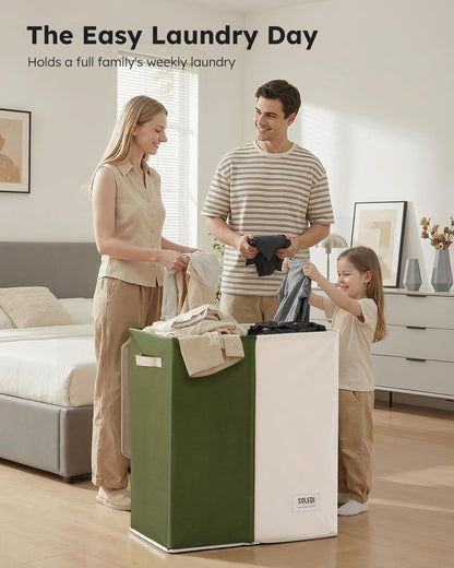 SOLEDI Luxury Double Laundry Hamper with Lid and Removable Bags, 38.3 Gal Large Laundry Bin, Laundry Basket 2 Sections, Collapsible Clothes Hamper for Bedroom, Laundry Room, Bathroom, Off-white
