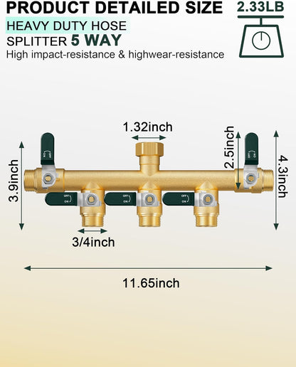 EBH Garden Hose Splitter 2 Way, Heavy Duty Solid Brass Hose Splitter with Shutoff Valves, Water Spigot Splitter With 304 Stainless Steel Handle, Full Flow Outdoor Faucet Splitter, 3/4" GHT Thread