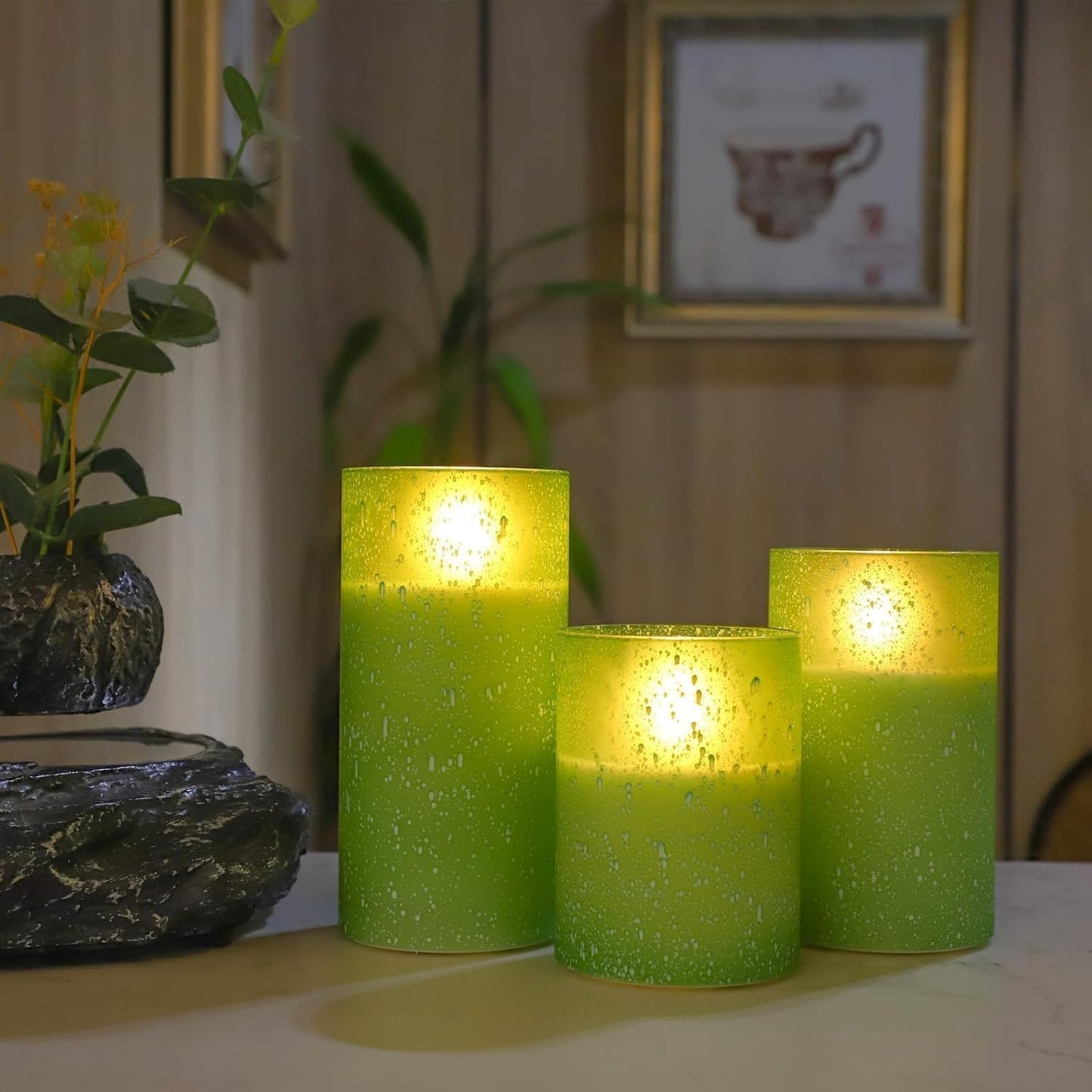 Blue Flameless Candles with Remote, Real Wax Glass Battery Operated Candles with Timer, LED Pillar Candle for Bedroom Home Wedding Birthday Party Fall Halloween Christmas Decorations, Set of 3