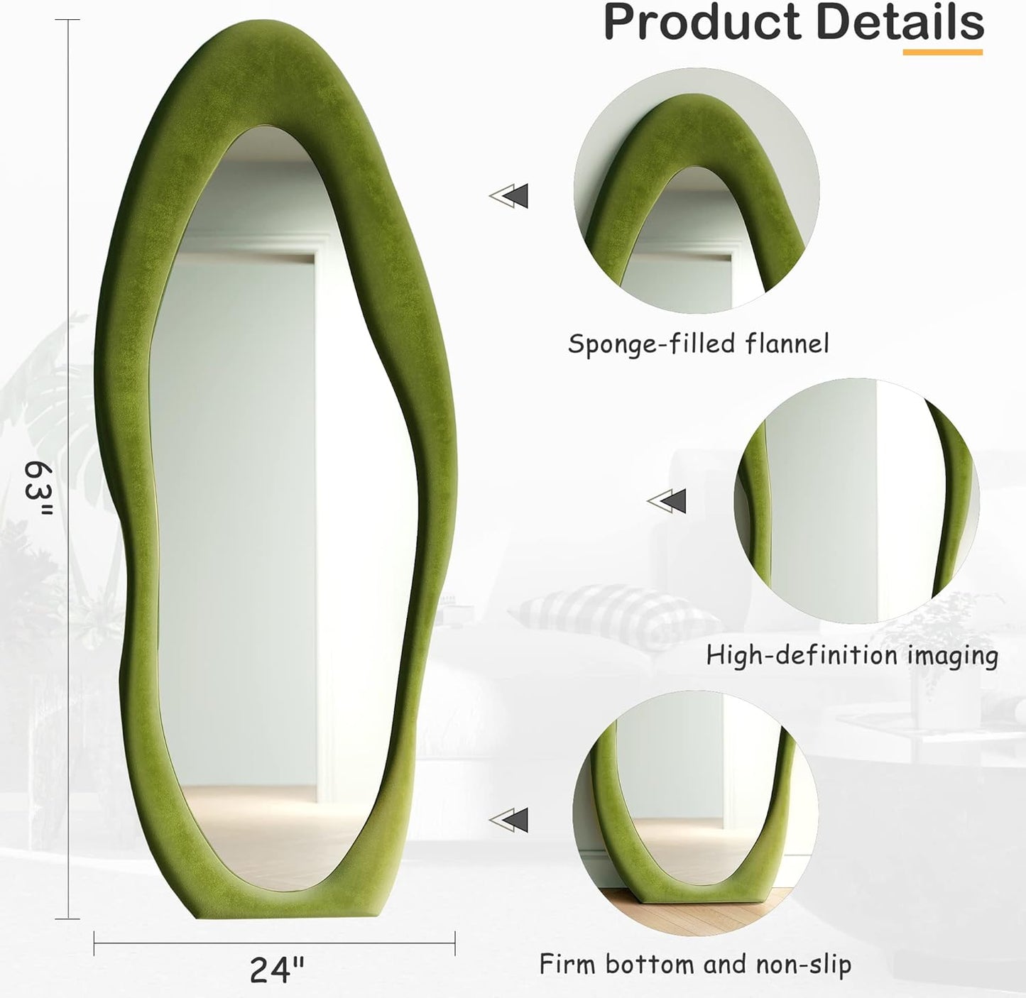 Honyee Full Length Mirror, 63" x 24" Wall Mirror, Flannel Wrapped Wooden Frame Floor Mirror, Irregular Wavy Mirror Hanging or Leaning Against Wall for Cloakroom/Bedroom/Living Room, Milk Tea