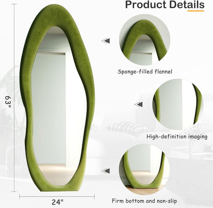 Honyee Full Length Mirror, 63" x 24" Wall Mirror, Flannel Wrapped Wooden Frame Floor Mirror, Irregular Wavy Mirror Hanging or Leaning Against Wall for Cloakroom/Bedroom/Living Room, Milk Tea