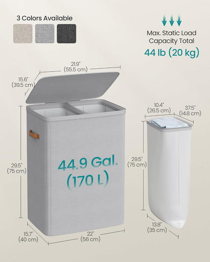 SONGMICS Laundry Basket, 50.2 Gal. Laundry Hamper, 3 Compartments, Easy Assembly, with Lid and Handles, Removable Liners, 25.2 x 15.7 x 29.5 Inches, Cappuccino Beige ULCB814LH01