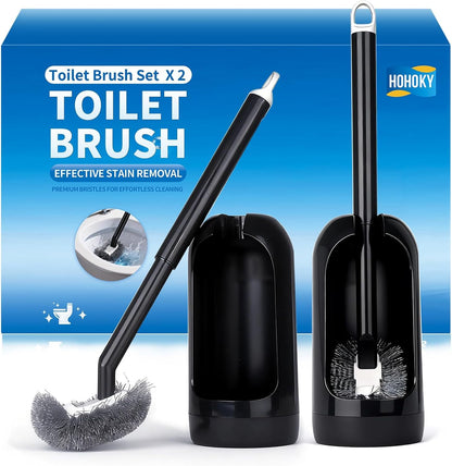 Toilet Brush and Holder Set, Curved Angled Toilet Bowl Cleaner Brush with Under Rim Cleaning, Wall-Mounted Toilet Scrubber & Bathroom Deep Cleaning Supplies Kit（Crevice Brush Included） Black(2-Pack)