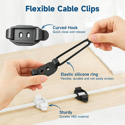 Adjustable Cable Management Clips, Self Adhesive Cord Organizer with Elastic Loop, Reusable Cable Holder for Desk, Under Desk, Wall, TV, Office, Home, Charging Cables, USB, HDMI, PC Wires (10)