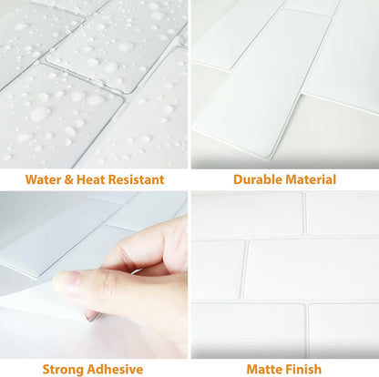 WALPLUS 20 Sheets Peel and Stick Kitchen Backsplash Tile Stickers Self Adhesive Stick on Subway Tile 12" x 6" Bathroom Splashback Water Heat Resistant 3D Wall Tiles Pure White Gray