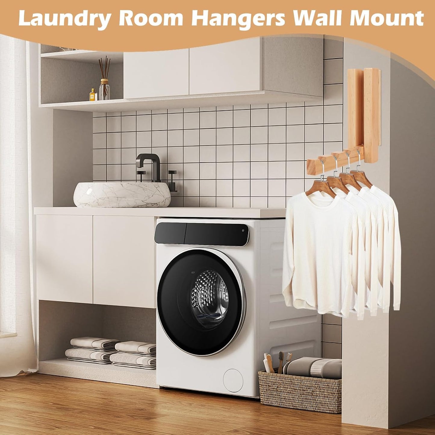 2 Pack Wall Mounted Clothes Drying Rack, Foldable Wooden Laundry Drying Rack Wall Mount, Magnetic Clothes Hanger Rack for Laundry Room, Bathroom, Closet Organization, Space Saving Storage