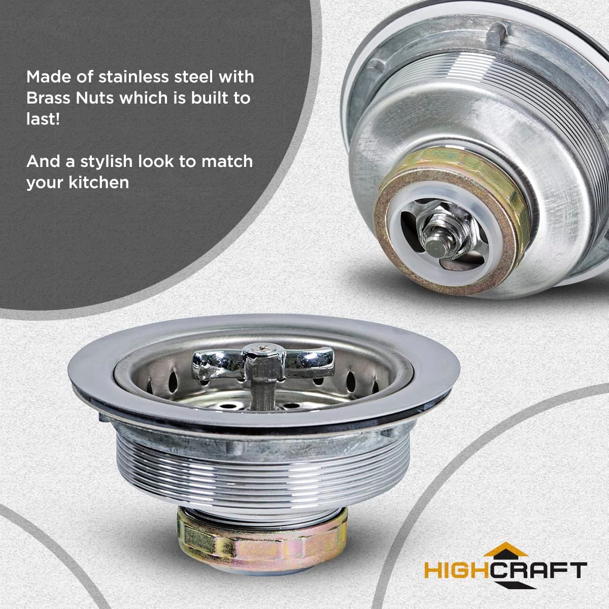 Highcraft 9763 Kitchen Sink (3-1/2 Inch) Stainless Steel Drain Assembly With Strainer Basket Spin and Seal With Threaded Stopper