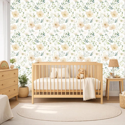 Sage Green Floral Peel and Stick Wallpaper Self Adhesive Removable Modern for Bedroom Accent Wall Renter Friendly Thick Watercolor Natural Flower Wallpaper 17.7" x 118"