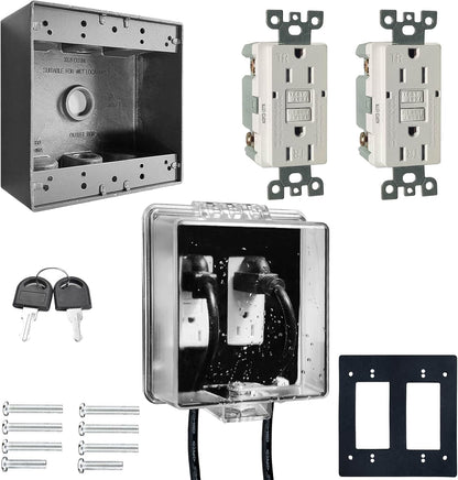 2-Gang Universal Weatherproof Electrical Outlet Cover with Lock,Baby Proof Outlet Lock Box,Fits Most 2.6 "H x 2.56 "W or Smaller Plugs,Clear Outlet Waterproof Cover Box for Outdoor In-Use