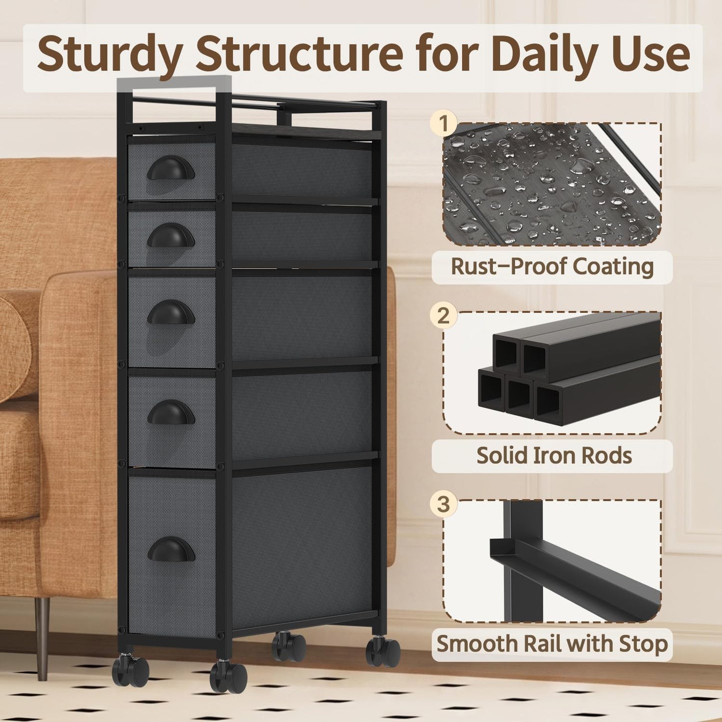 LASZOLA 5 Drawer Narrow Dresser Slim Cabinet Skinny Storage Tower Chest, Ideal for Small Spaces Bathroom, Between Washer and Dryer, Lightweight Mobile on Wheels, Sturdy Fabric Drawers, Black