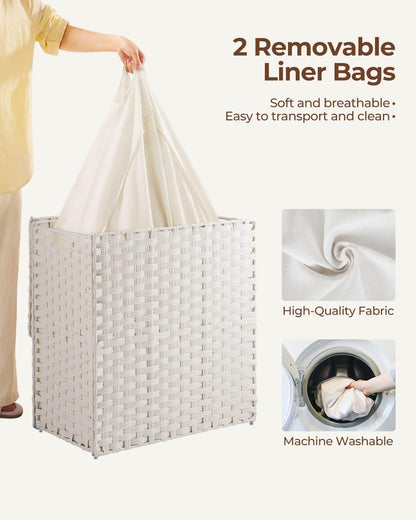 Greenstell Laundry Hamper with 2 Removable Liner Bags, Foldable Divided Clothes Hamper, 90L Handwoven Rattan Laundry Basket with Lid and Handles, No Assembly Needed, 18.3x13.3x24 Inches, Black