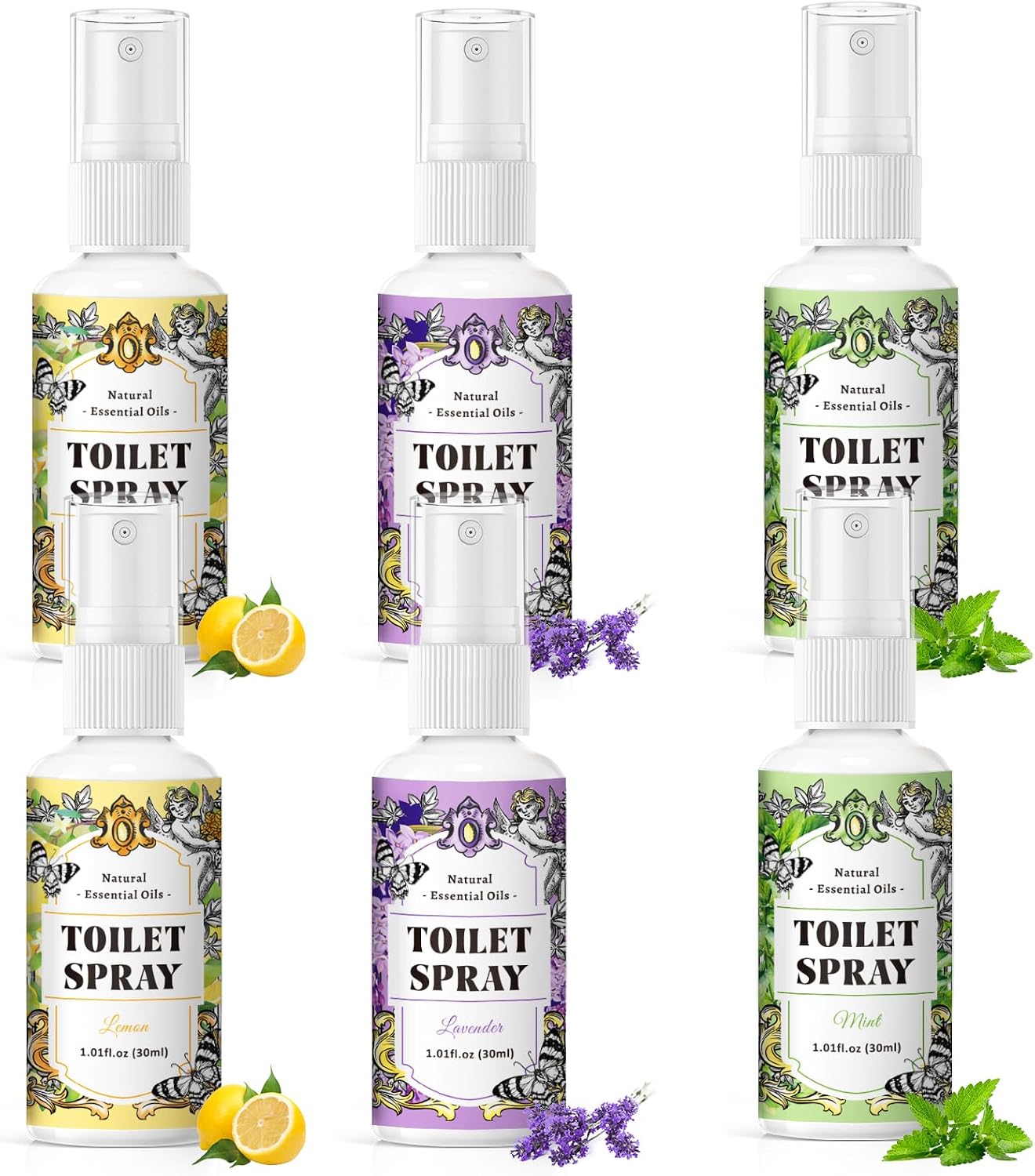 SCENTORINI Toilet Spray for Poo Odor Eliminator, Bathroom & Toilet Odor Elimination,Travel Size, 2 Lemon & 2 Lavender & 2 Mint, 1 oz Bottles, Air Freshener Spray for Poop, Home, Travel and Pockets