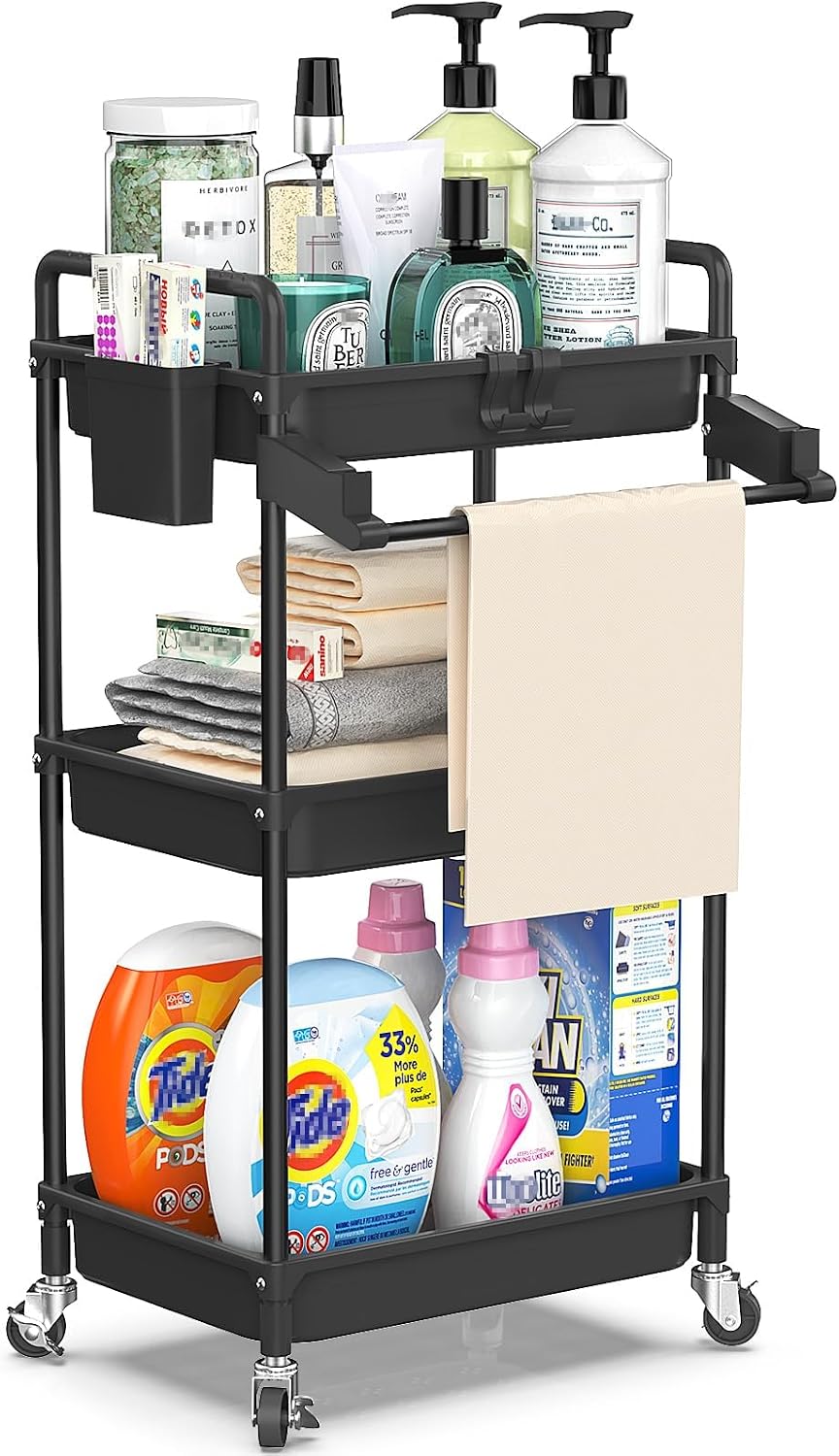 SPACEKEEPER Rolling Storage Cart, 4-Tier Bathroom Organizer Utility Cart Laundry Room Organization Mobile Shelving Unit with Towel Rack, Lockable Wheel, Hooks & Cup for Kitchen Bedroom Office, White