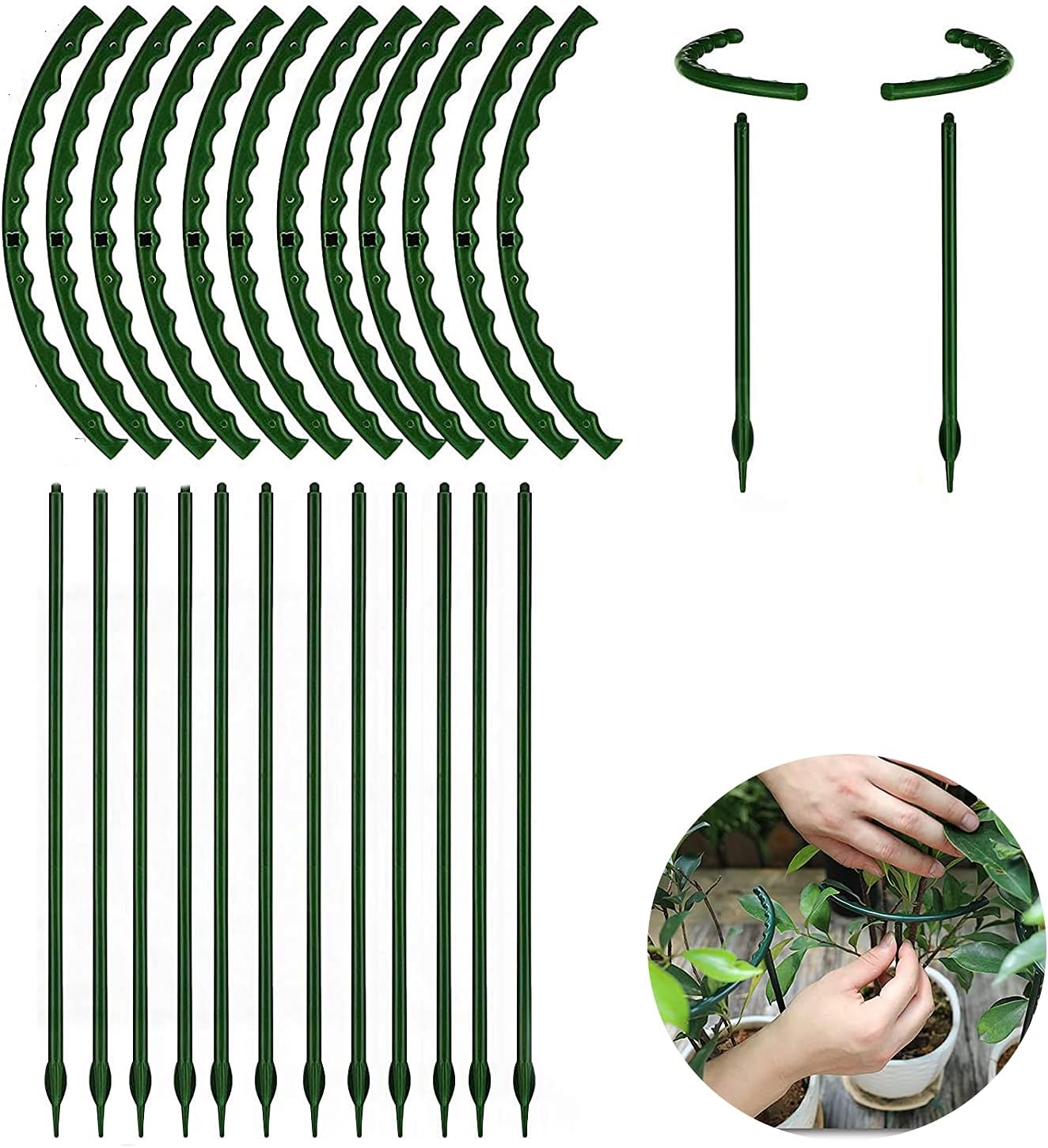 12 Pack Plant Support for Indoor and Outdoor Small Plants，Half Round for Potted Plants, Plastic Ring Flower Stakes with 20Pcs Plant Garden Clips