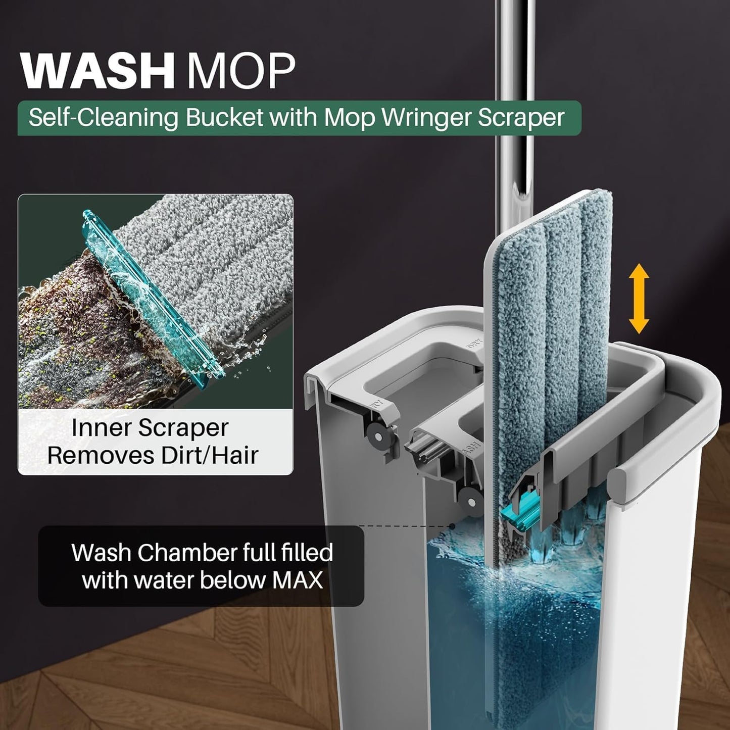 JOYMOOP Mop and Bucket Set, Flat Mops for Floor & Wall Cleaning, Commercial & Household Use, Hardwood Floor Mop with Long Handle & 4 Microfiber Pads