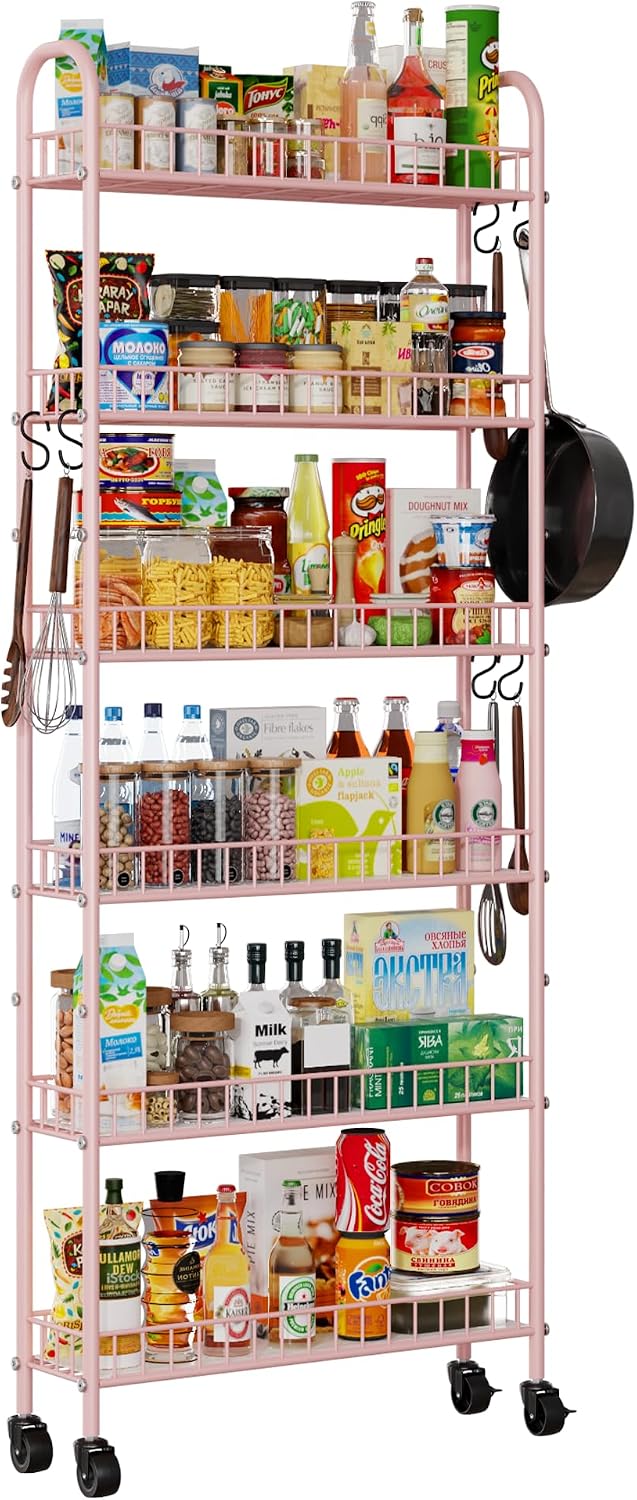 6-Tier Slim Storage Cart, Rolling Kitchen Cart with Wheels | Narrow Metal Shelf Organizer with Hooks for Kitchen, Bathroom, Living Room, Laundry, Small Spaces, Black, 6 in