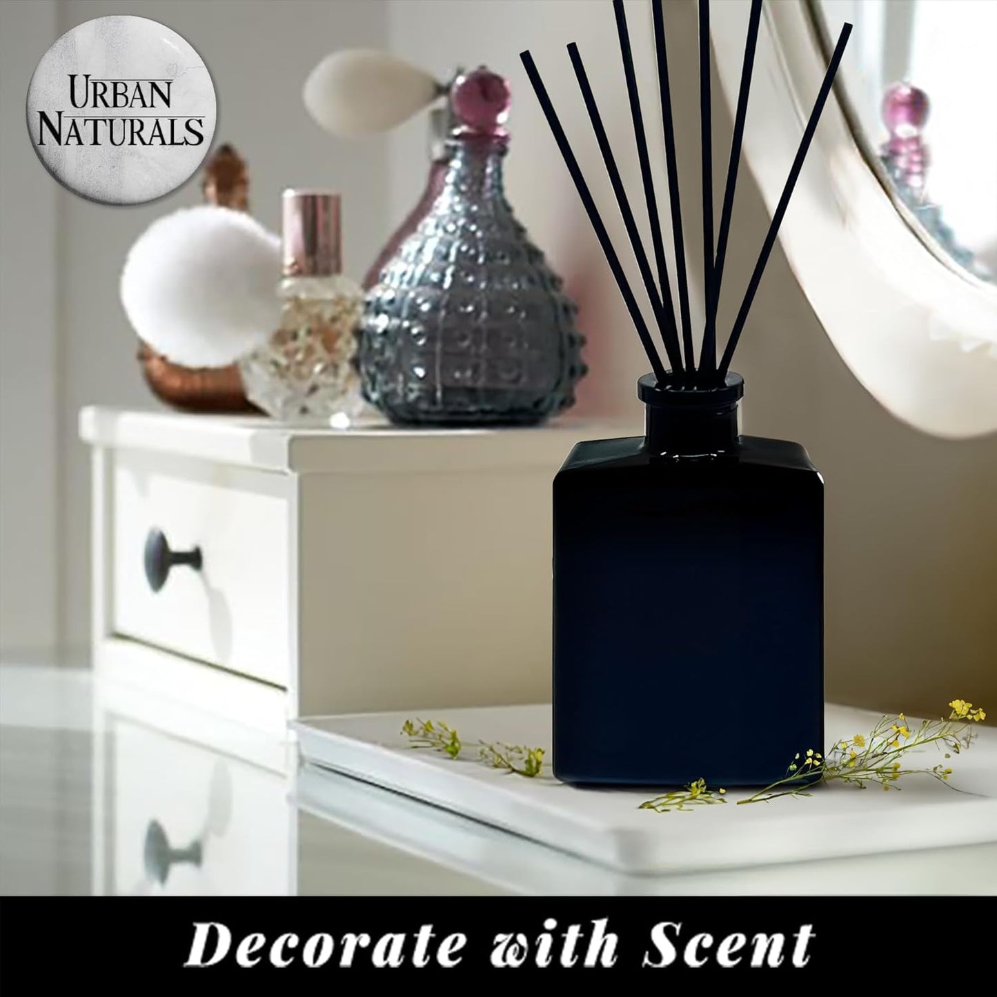 Urban Naturals Smoked Vanilla Reed Diffuser Set with Vanilla Bean, Sandalwood & Leather – 5 Ounce Sleek Black Rectangular Refillable Glass Bottle – Made in the USA