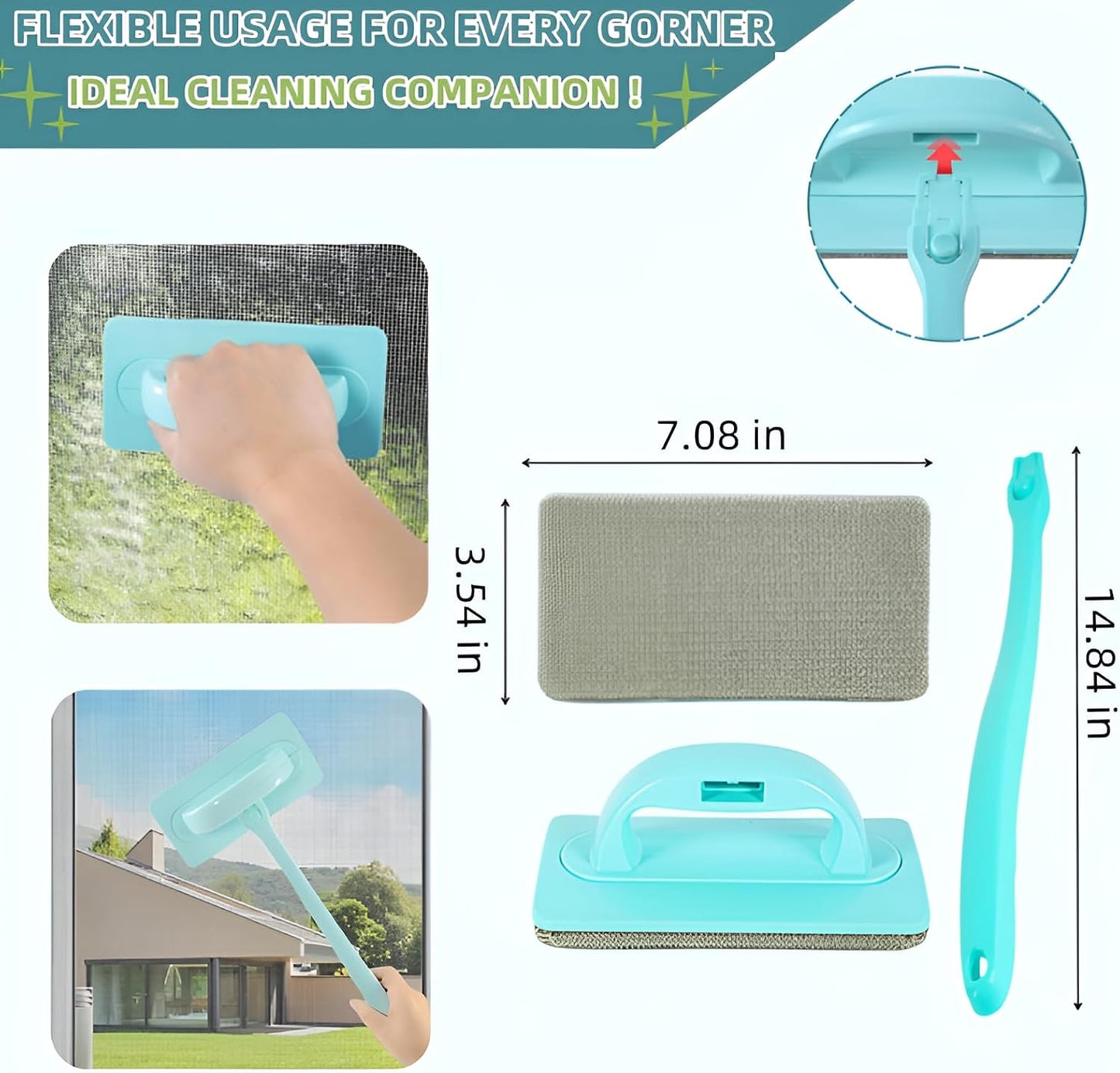 Window Cleaner Kit for Screen & Groove - Mesh Screen Cleaning Brush + 3 Magic Window Track Cleaning Brushes & 6 Replaceable Cleaning Cloths – 14.8″ Detachable Long Handle, Wet & Dry Dual Use