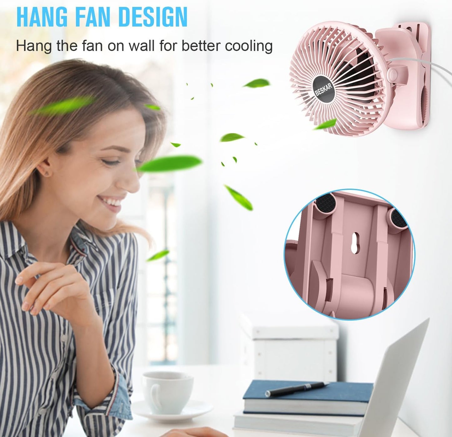 BESKAR Clip on Fan, Portable Small Desk Fans with Strong Airflow, 3 Speeds with Personal Fans Sturdy Clamp, Quiet Desk Fan & Clip Fan with USB Cord Powered - No Battery