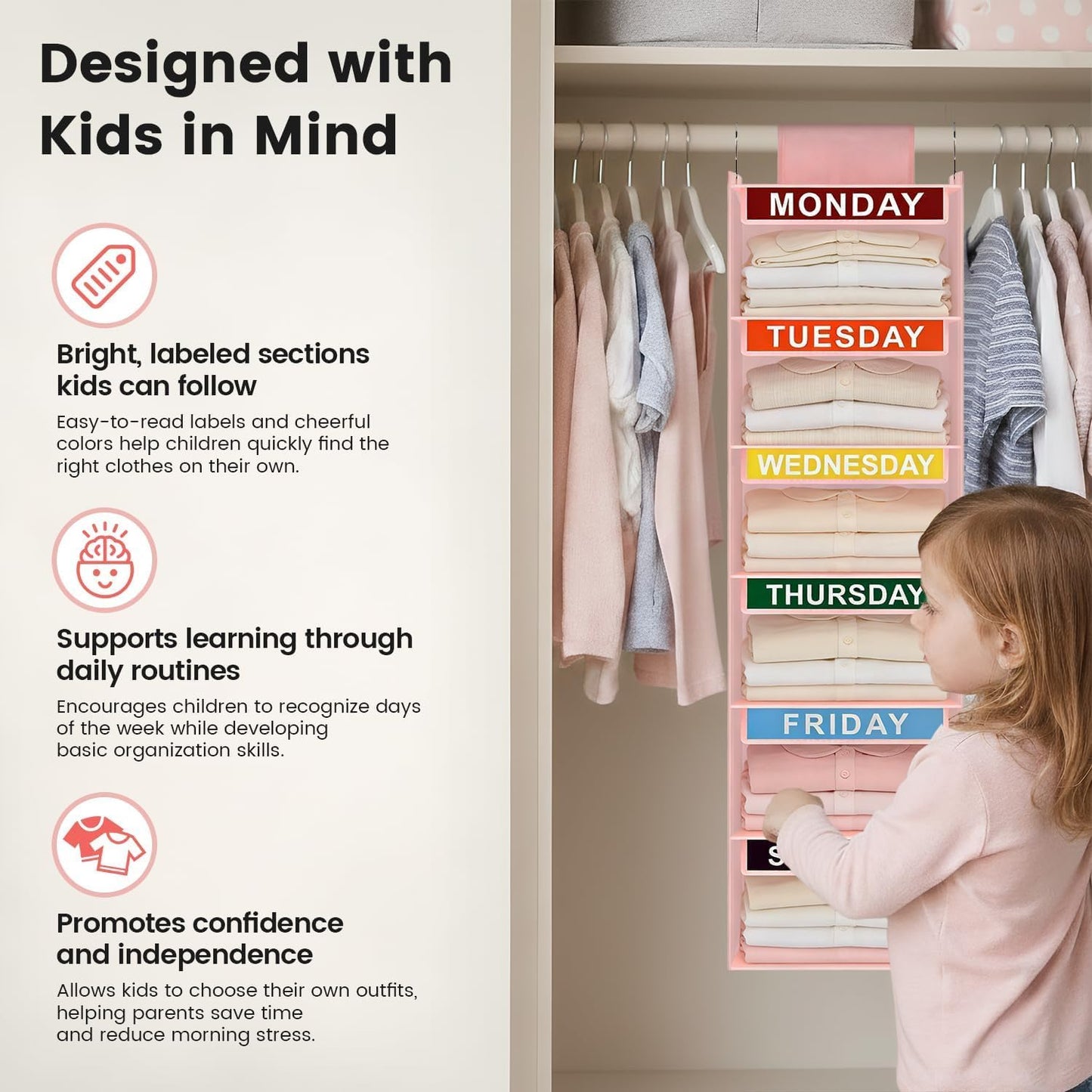 Weekly Clothes Organizer for Kids, 5-Shelf Kid Hanging Closet Organizer w/ 6 Side Pockets, Labeled Weekly Outfit Organizer for Kids, Days of The Week Clothes Organizer Monday Through Friday White