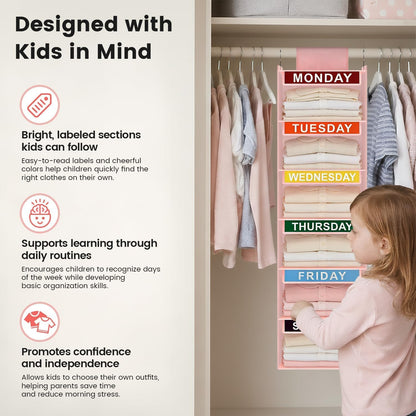 Weekly Clothes Organizer for Kids, 5-Shelf Kid Hanging Closet Organizer w/ 6 Side Pockets, Labeled Weekly Outfit Organizer for Kids, Days of The Week Clothes Organizer Monday Through Friday White