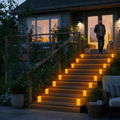 Outdoor Indoor Flameless Candles, Patented 3D Dual-LED, Set of 6 Slanted Top Durable Plastic Pillars with 2 Remotes & Timer, Non-Melting Waterproof Battery Candles for Patio Garden (Ivory)