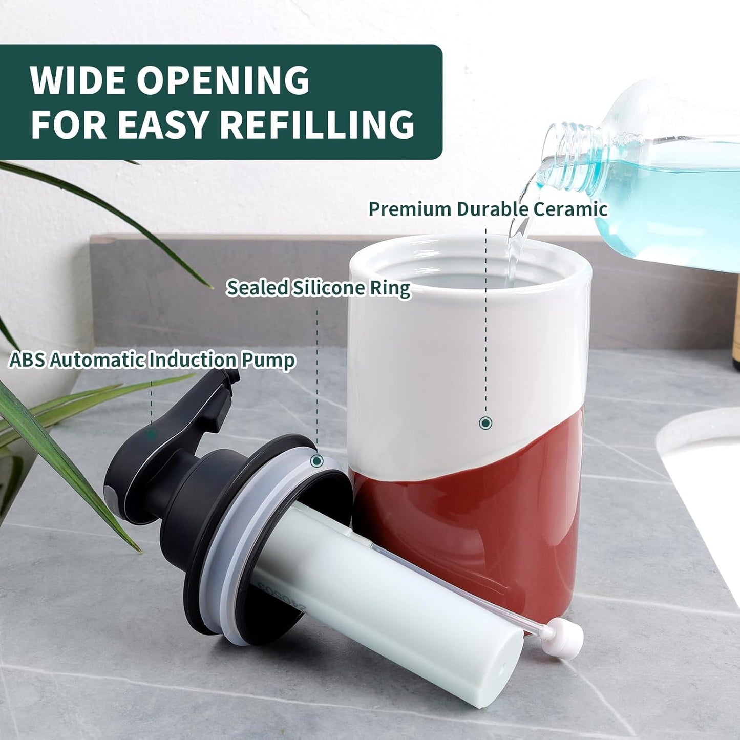 BosilunLife Automatic Soap Dispenser Ceramic Hand Free Soap Dispenser with Waterproof Pump Rechargeable Smart Electric Lotion Soap Dispenser Touchless (White-Green, Foam Pump)