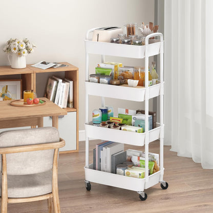 Sywhitta 4-Tier Plastic Rolling Utility Cart with Handle, Multi-Functional Storage Trolley for Office, Living Room, Kitchen, Movable Storage Organizer with Wheels, Black
