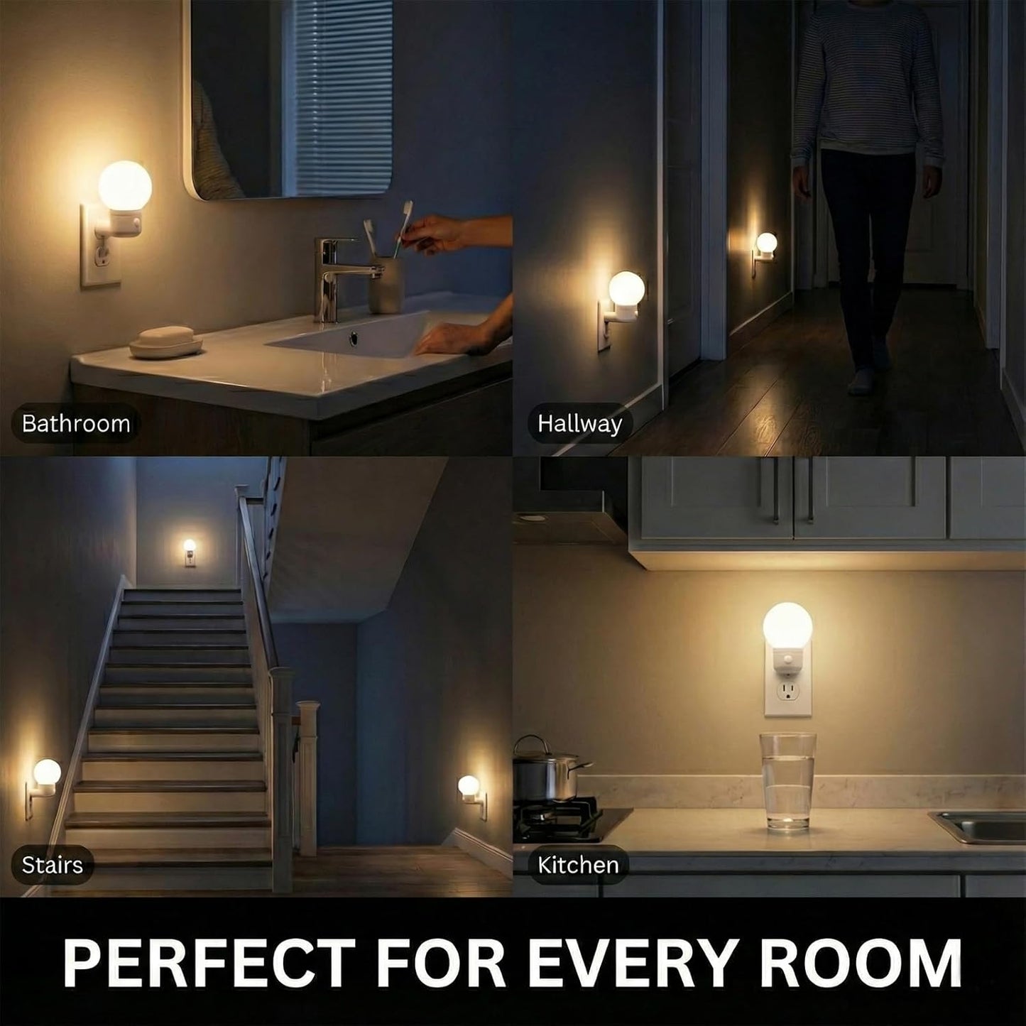 Motion Sensor Night Light Plug in, 1W Ultra Bright LED Wall Lights, 4000K Natural White, Dusk to Dawn Auto On/Off for Hallway, Stairs, Bathroom, Kitchen