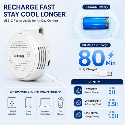 ColdBye Bladeless Shirt Clip Fan for Waist & Clothing, Wearable Personal Cooling Fan with 3 Speeds, USB-C Rechargeable Hands-Free Mini Portable Fan for Work, Travel, Camping & Outdoor Activities