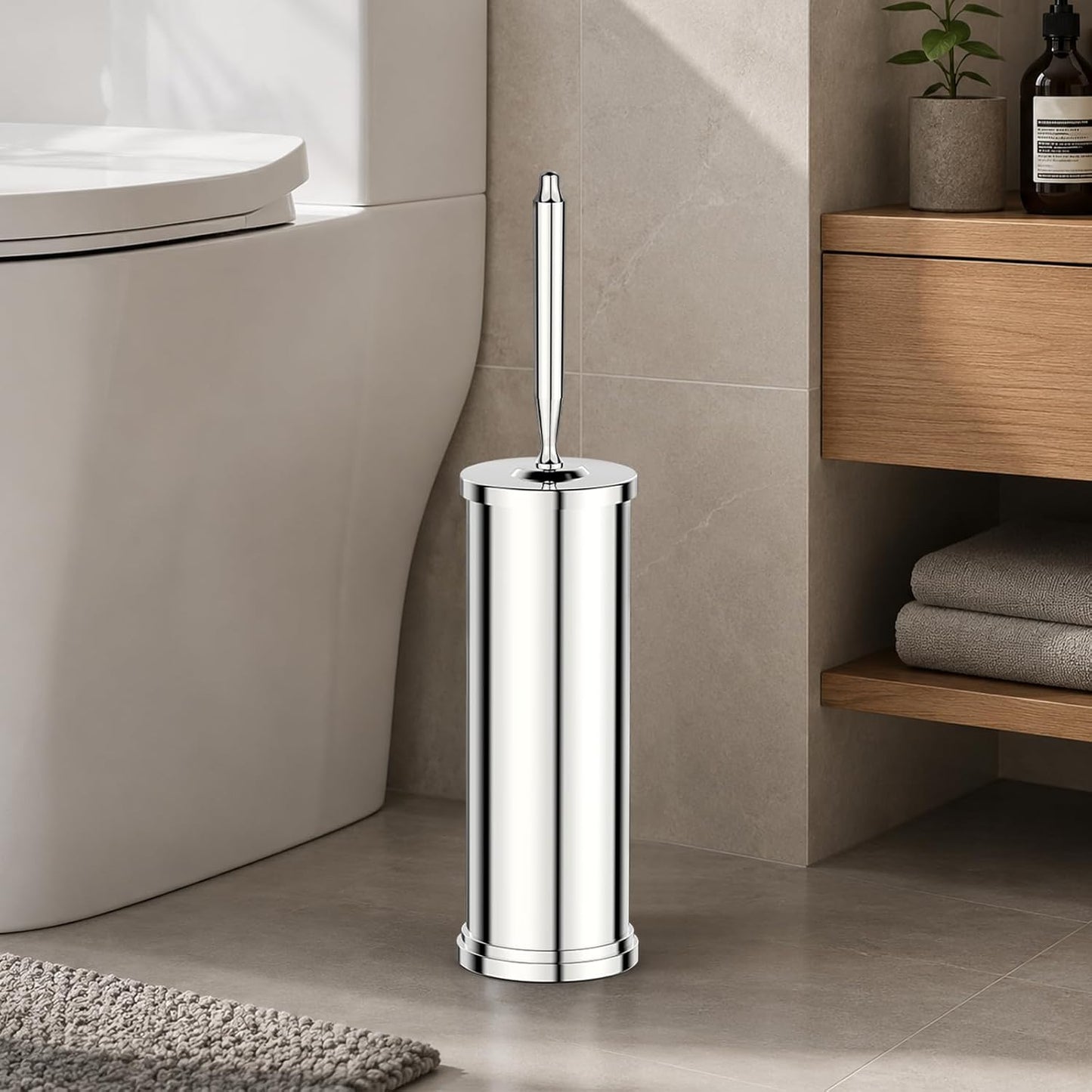 Stainless Steel Toilet Brush and Holder Set : Weighted Stable Base, Removable Inner Tube.Long Handle Toilet Bowl Brush Splash-Proof Design for Deep Cleaning & Space-Saving Storage,Nickel