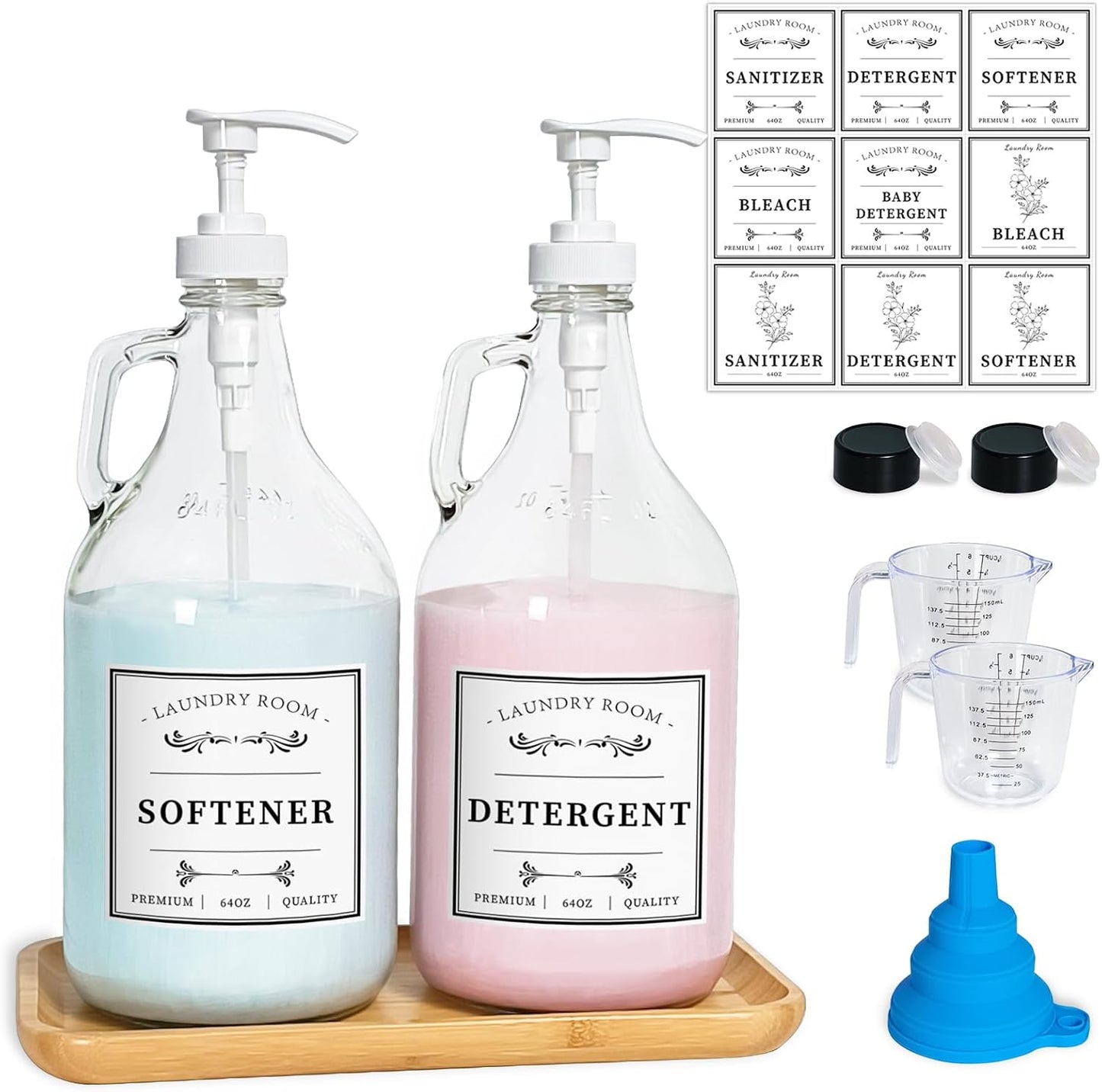 Glass Laundry Detergent Dispenser, Liquid Laundry Soap Dispenser for Laundry Room, 64oz Detergent Bleach Softener Dispenser for Farmhouse Decor, Includes Pumps, Funnel, Labels and Bamboo Tray