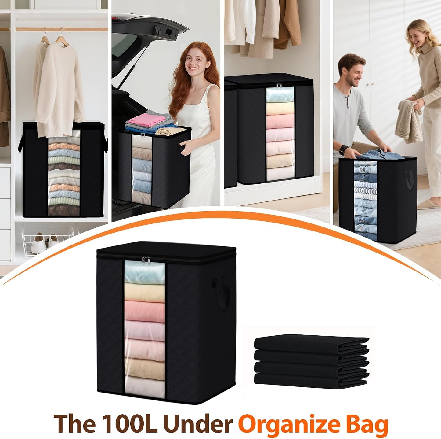 SpaceWhisper 3 Pack 100L Clothes Storage, Foldable Thick Fabric Blanket Storage Bags, Containers for Organizing Bedroom, Closet, Clothing, Comforter,Closet Organization with Handle,Grey