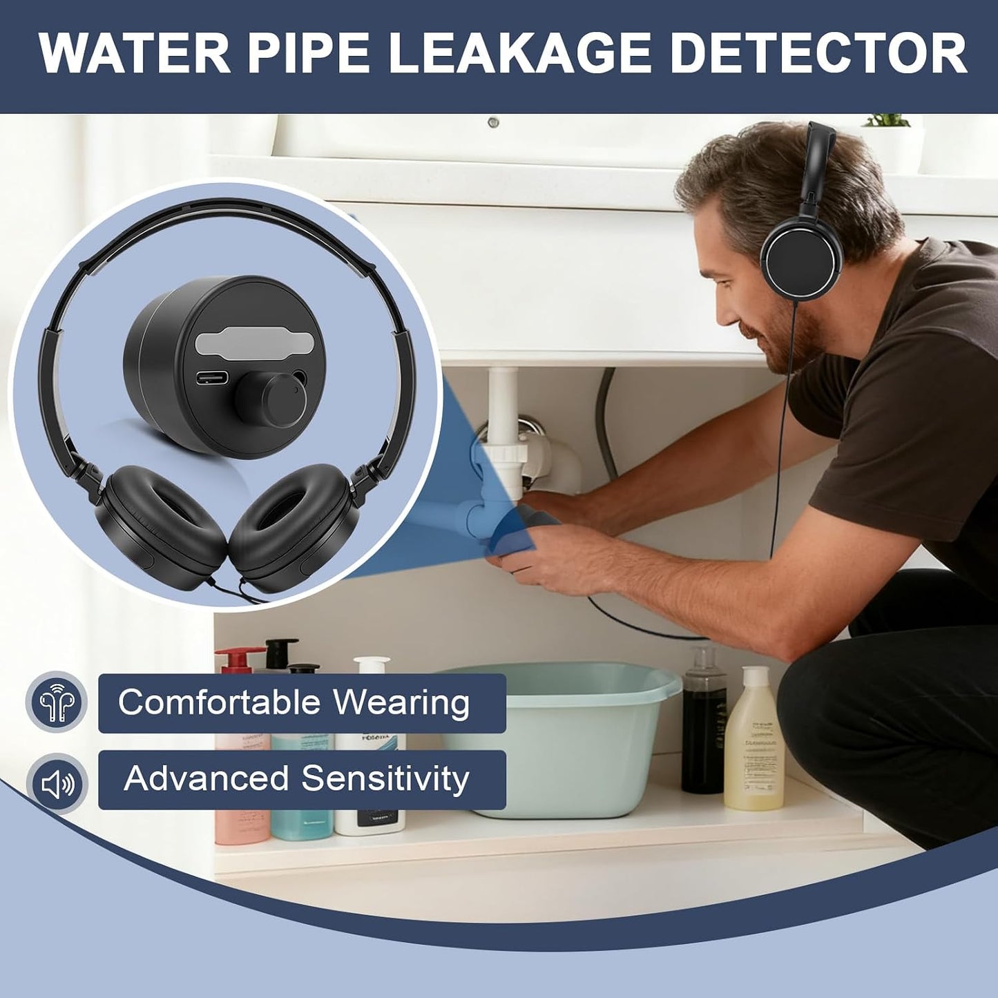 Water Leak Detector, Underground High Sensitivity Water Leak Detector with Headset, Water Leak Detection Device for Water Leakage Detection Construction Pipelines (with Large Earphone)