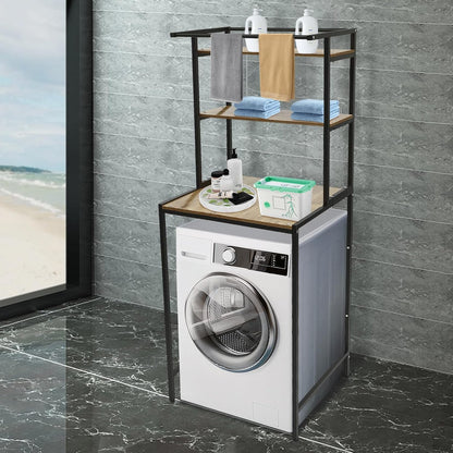 Over The Washer and Dryer Storage Shelf Bathroom Space Saving Organizer Rack with Towels Clothes Hanging Rod Rail (Black+Oak)