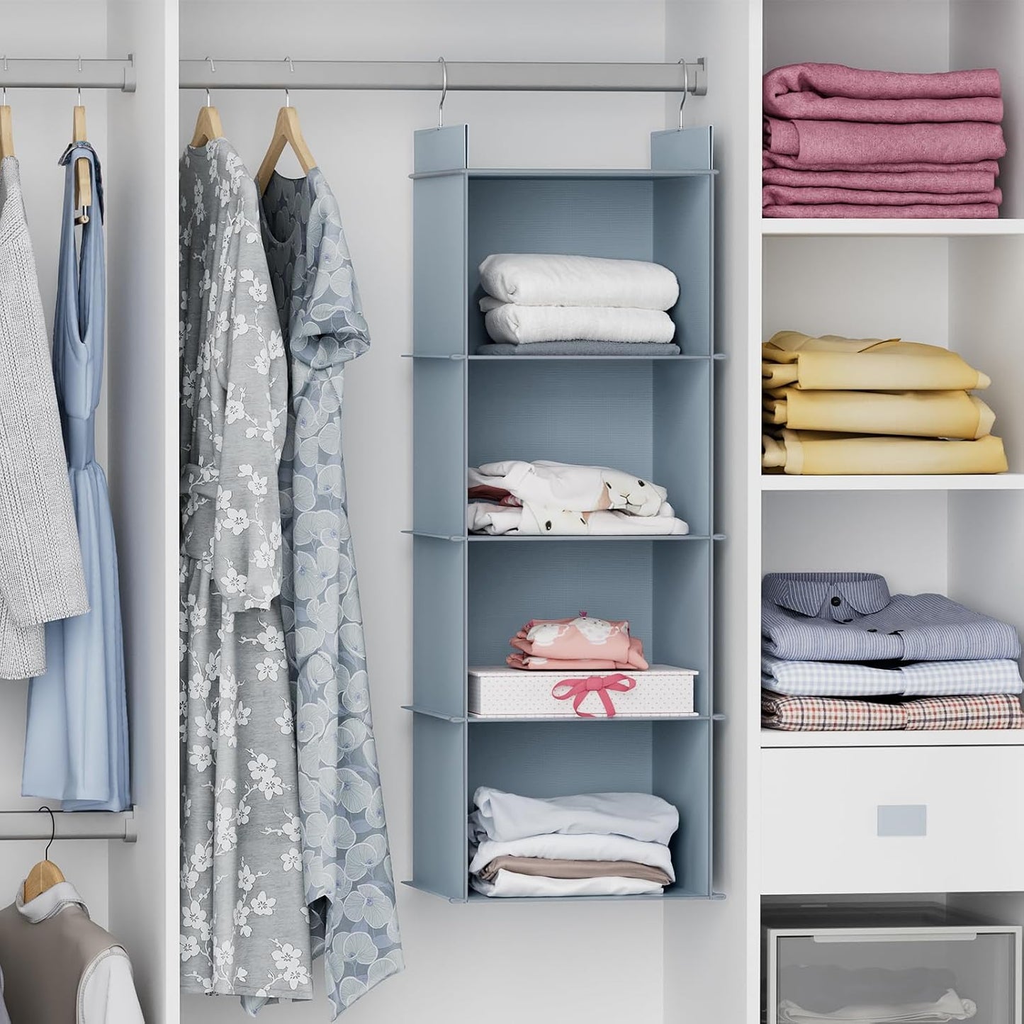 YOUDENOVA Hanging Closet Organizer, 6-Shelf Closet Hanging Shelves, Grey