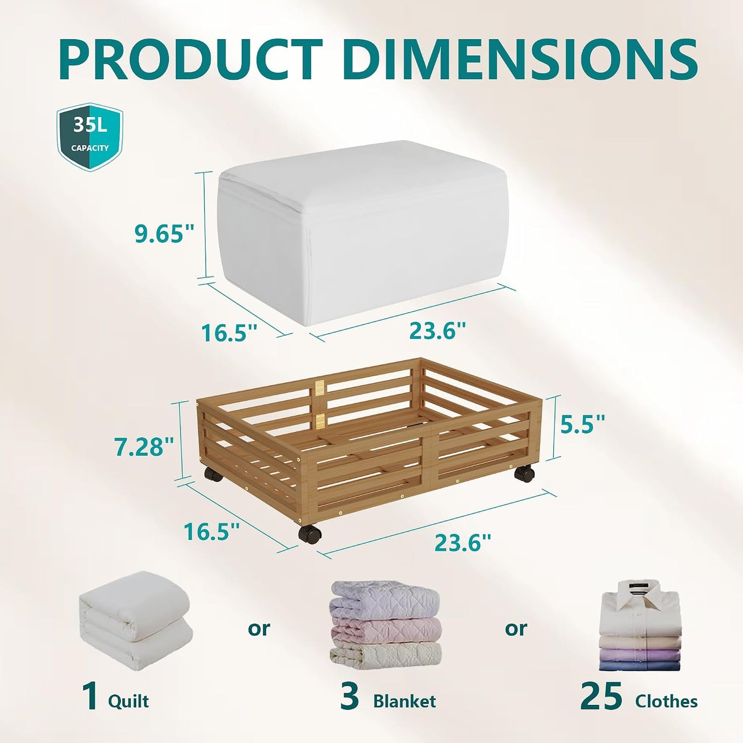 Bamboo Under Bed Storage Containers- Underbed Organizer with Wheels with Large Capacity Dust Bag,Sturdy Wood Rolling Under Bed Shoe Storage Organizer 2 Packs (Nature, 2 Packs (23.62"×16.54"))