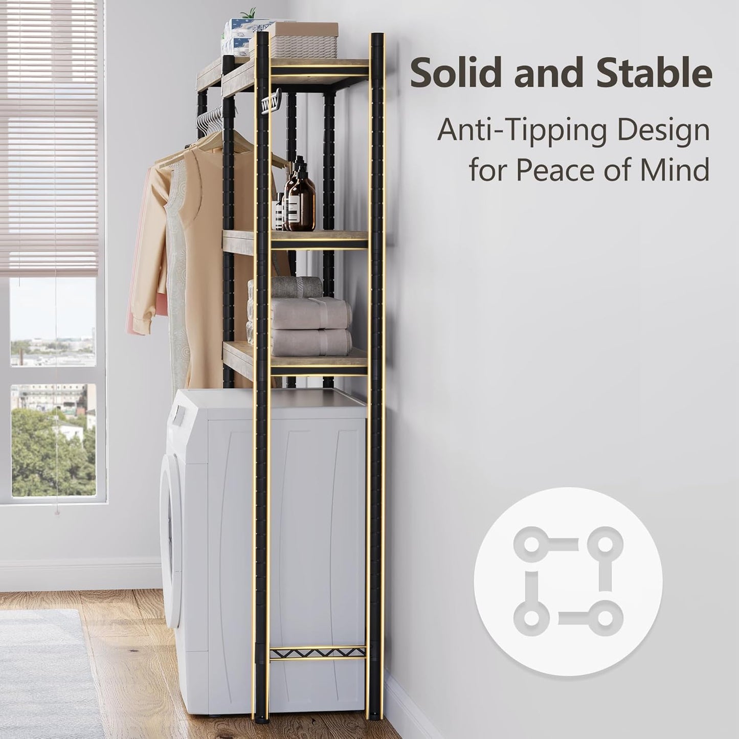 IDEALHOUSE Laundry Room Organization and Storage,5 Tier Wood Over The Washer and Dryer Storage Shelf with Drying Clothes Racks,Space Saver Heavy Duty Bathroom Laundry Shelf for Home Storage and Decor