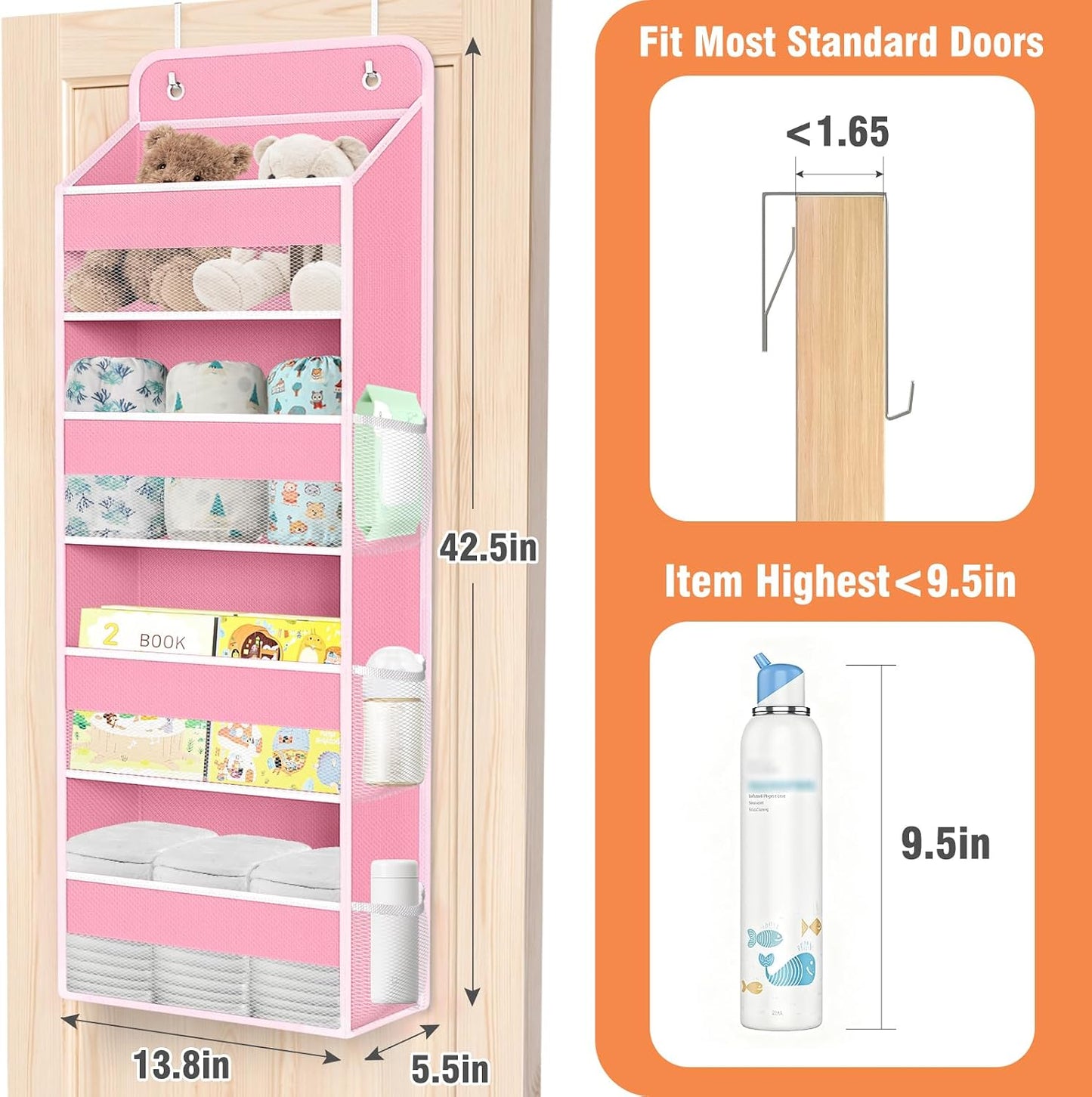 WISELIFE Over The Door Organizer Storage 4 Shelves Large Capacity Hanging Bedroom Storage Solution with 6 Side Pockets for Dorm Bathroom Pantry Nursery and Baby Essentials Holds up to 40 Lbs (Black)