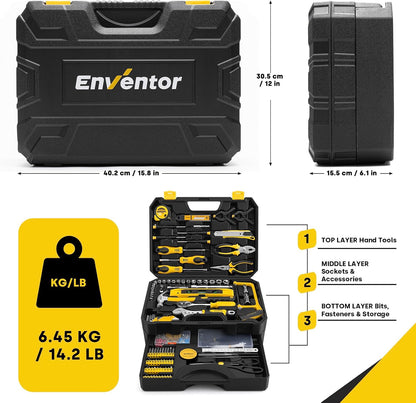 Enventor 419 PCS Home Tool Kit for DIY Repair, Home Maintenance with Drawer | General Home Auto Repair Tool Set Toolbox 3-Layer Organized Storage for Handyman, Homeowner