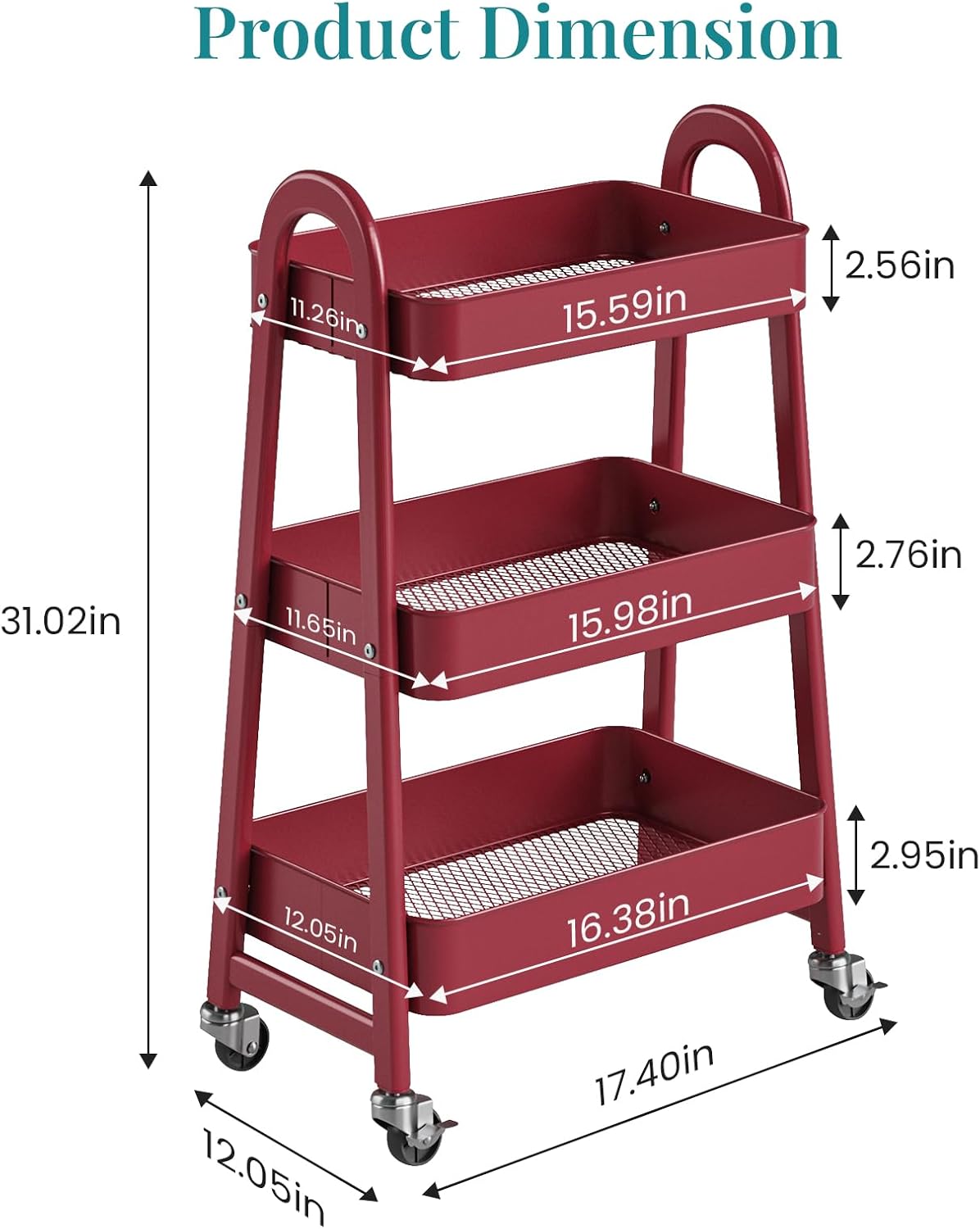 OLIXIS Metal 4 Tiers Utility Rolling Cart, Mobile Storage Shelf with Lockable Caster Wheels, Organization for Livingroom, Bathroom, Kitchen, & Narrow Places, 4-Tier Green
