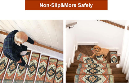 OJIA Non-Slip Carpet Stair Treads for Wooden Steps Set of 15, 30''X8'' Indoor Runner Resistant Rugs Rubber Safety Mats for Dogs, Kids & Elders, Stairway Grip