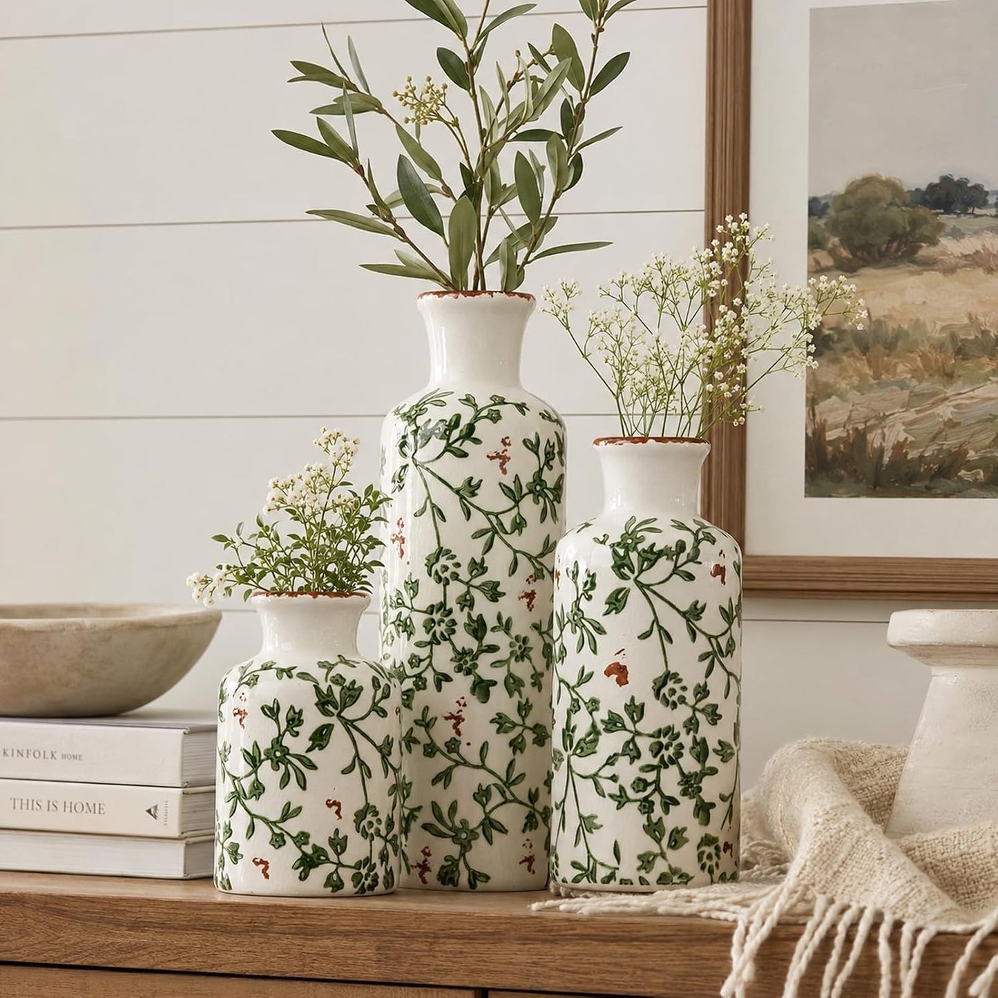 Ceramic Vase Set of 3 – Small Flower Vases, Modern Farmhouse Boho Flower Vases for Home Decor, Rustic Pottery Vases for Centerpieces, Living Room, Shelf, Fireplace, Entryway Decor, Table or Cabinet