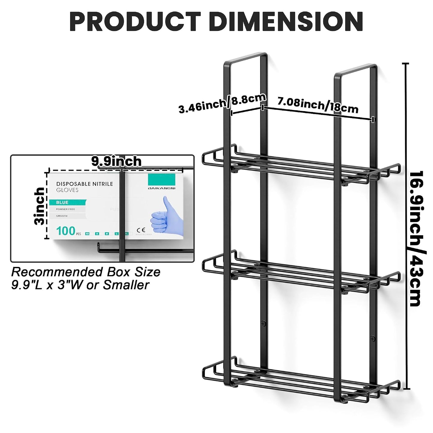 Glove Holder Dispenser for Wall Mount Metal Disposable Latex Glove Box Holder for Home Office, Lab and Garage, Tissue Wire Rack Wall-Mounted for Kitchen Organizer Decor, Blak