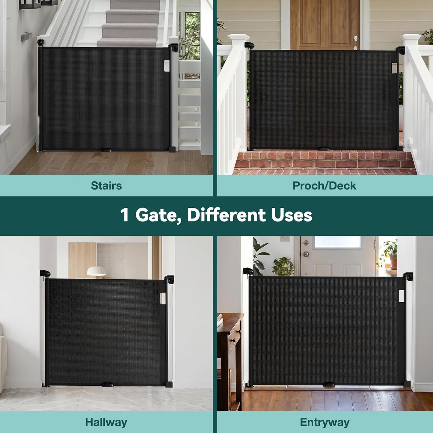 Babepai Retractable Baby Gates for Stairs, Retractable Dog Gate for Indoor/Outdoor Use | Child Gates for Doorways, Deck, Porch, Hallways, Patio (White, 55" Wide 34" Height)