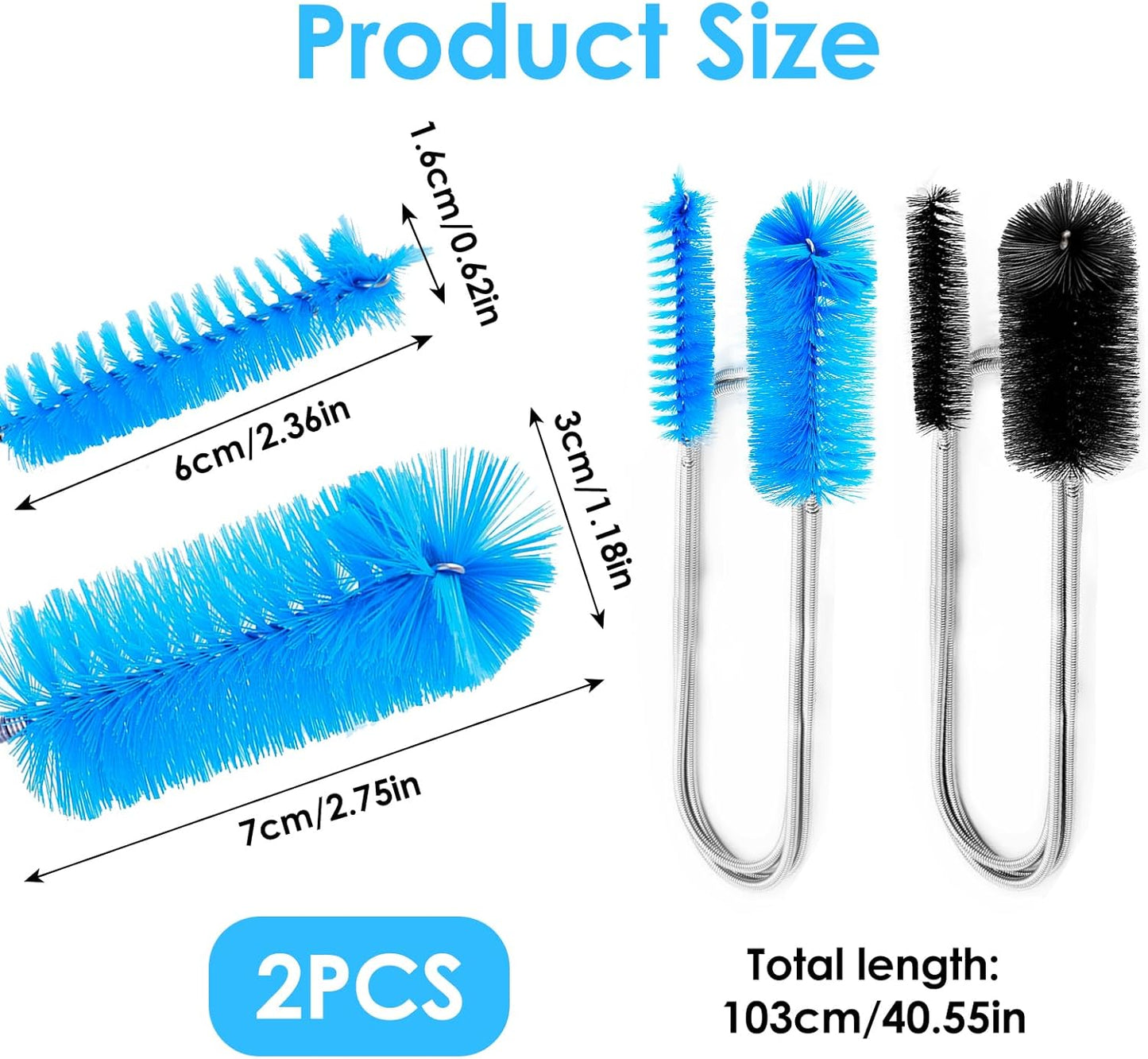 2 Pcs Flexible Drain Pipe Cleaning Brush, 36" Extra Long Double Ended Nylon Bristles and Stainless Steel Tube Cleaners, 2 Brush Head Sizes for Kitchen Sink, Pipe and Hose Cleaning (Black+Blue)