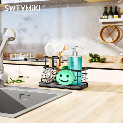 SWTYMIKI Sponge Holder for Kitchen Sink - Sink Caddy with Brush Holder and Stainless Steel Self Drain Tray, Sponge Caddy Organizer with Divider Kitchen Accessories Storage for Countertop, Black